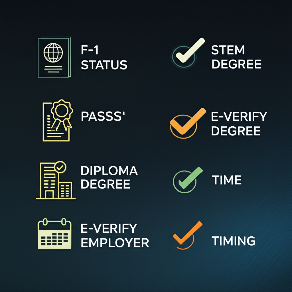 An infographic checklist showing the eligibility requirements for the STEM OPT extension.