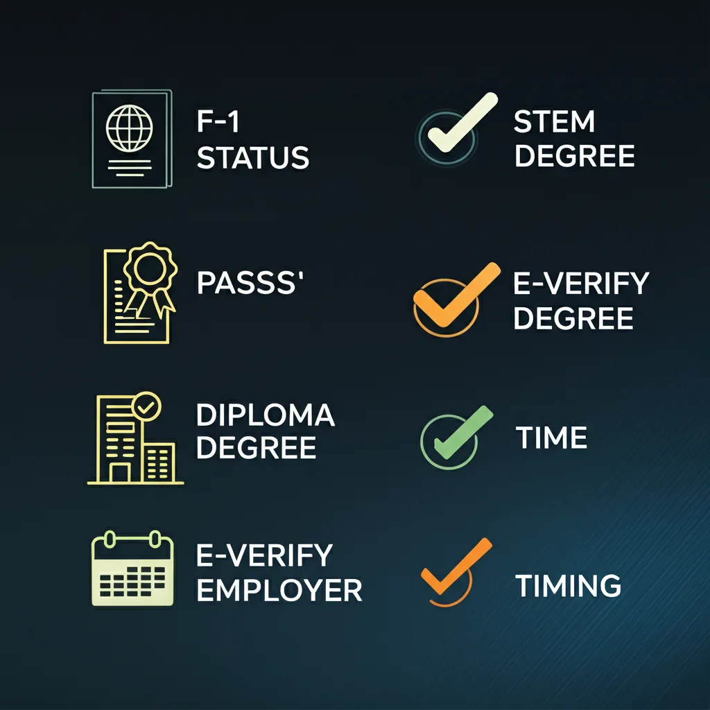 An infographic checklist showing the eligibility requirements for the STEM OPT extension.