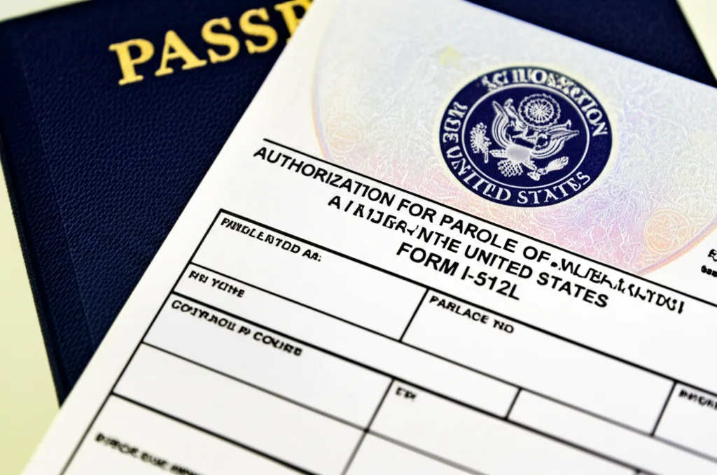 An official USCIS Advance Parole document (Form I-512L) shown with a passport.
