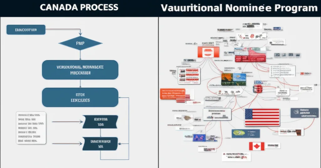 A diagram comparing US state-influenced immigration pathways with Canada's PNP system.