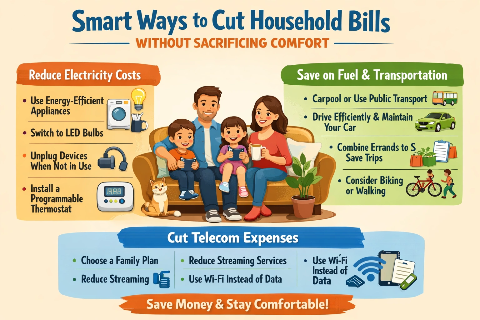 How families can cut electricity, fuel, and telecom bills without sacrificing comfort.