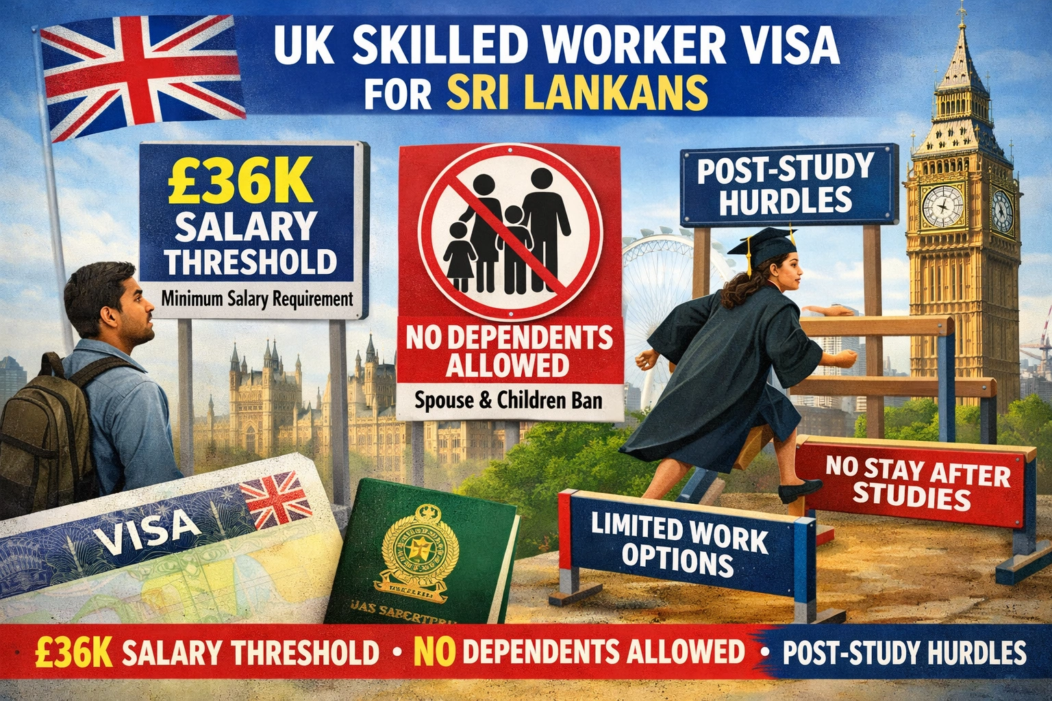 UK Skilled Worker Visa for Sri Lankans: £36k salary threshold, dependents ban, and post-study hurdles