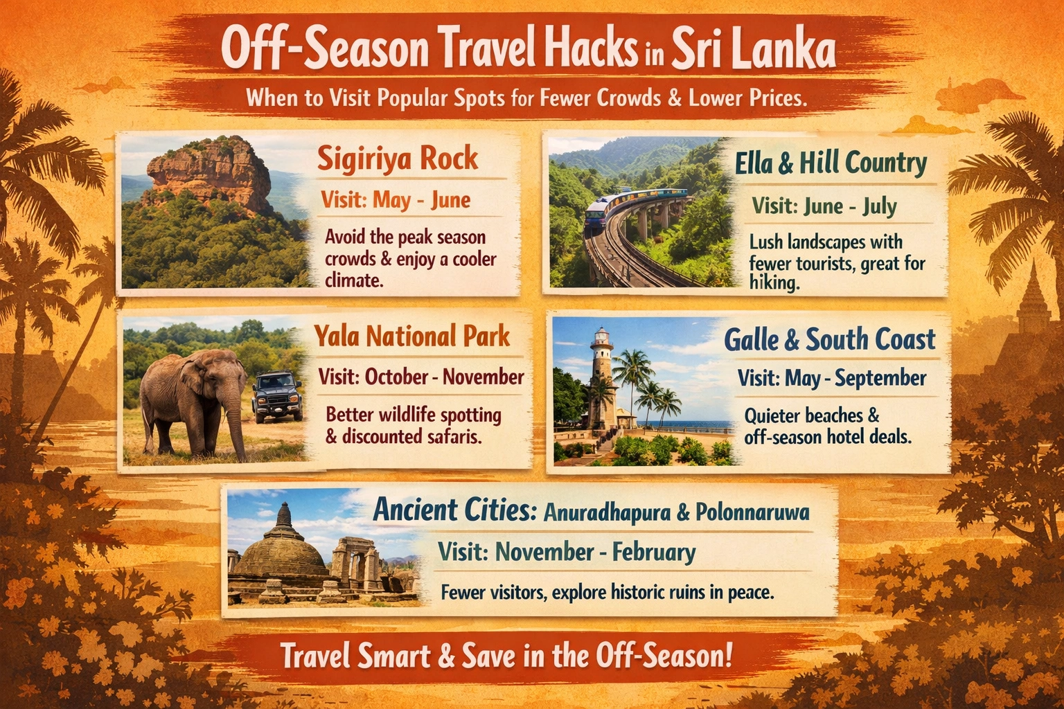 Off‑season travel hacks in Sri Lanka: When to visit popular spots for fewer crowds and lower prices.