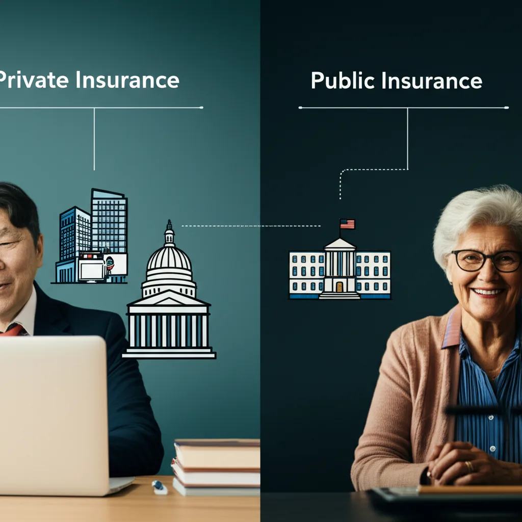 Diagram comparing private and public health insurance in the United States.