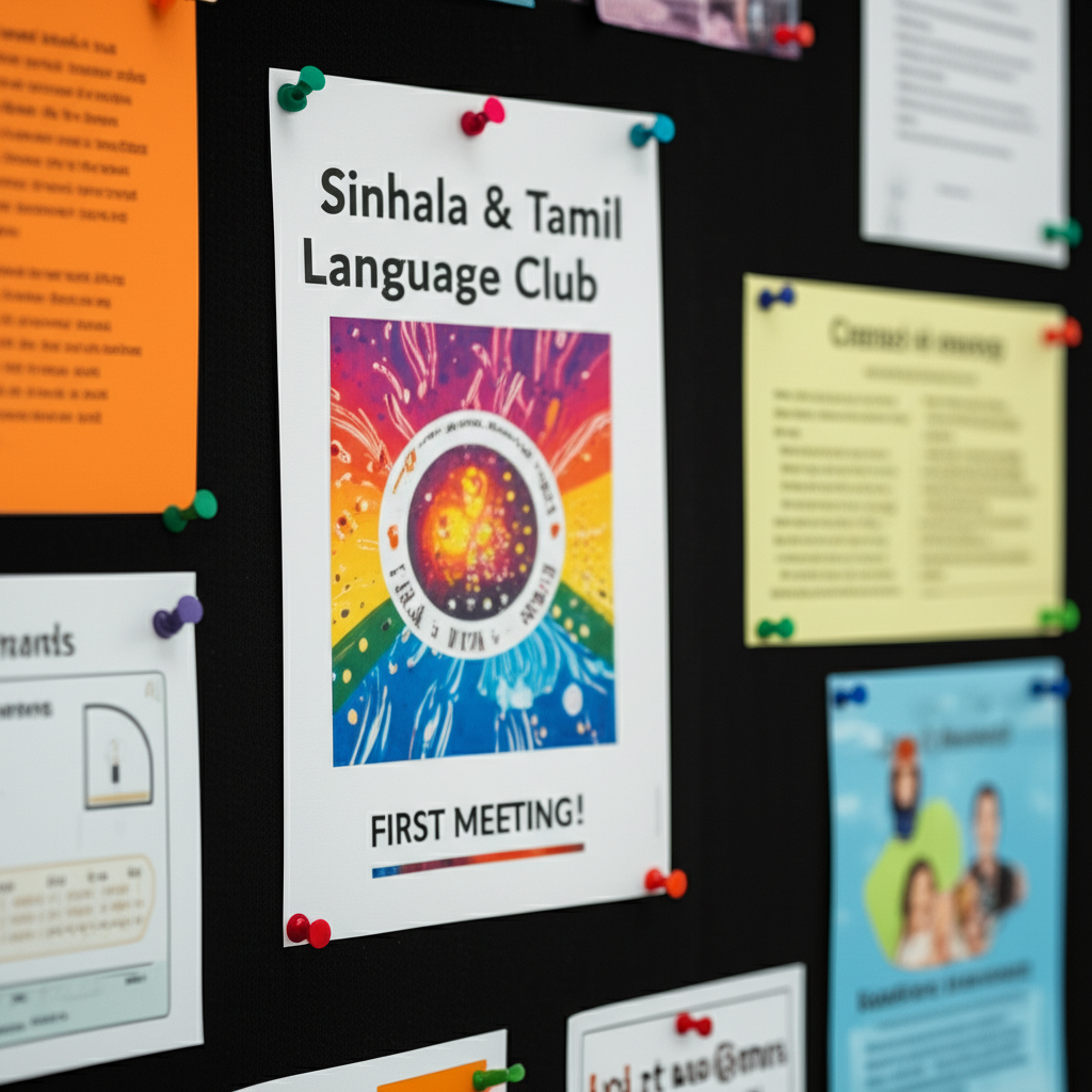 A flyer for a Sinhala and Tamil language club on a school bulletin board.