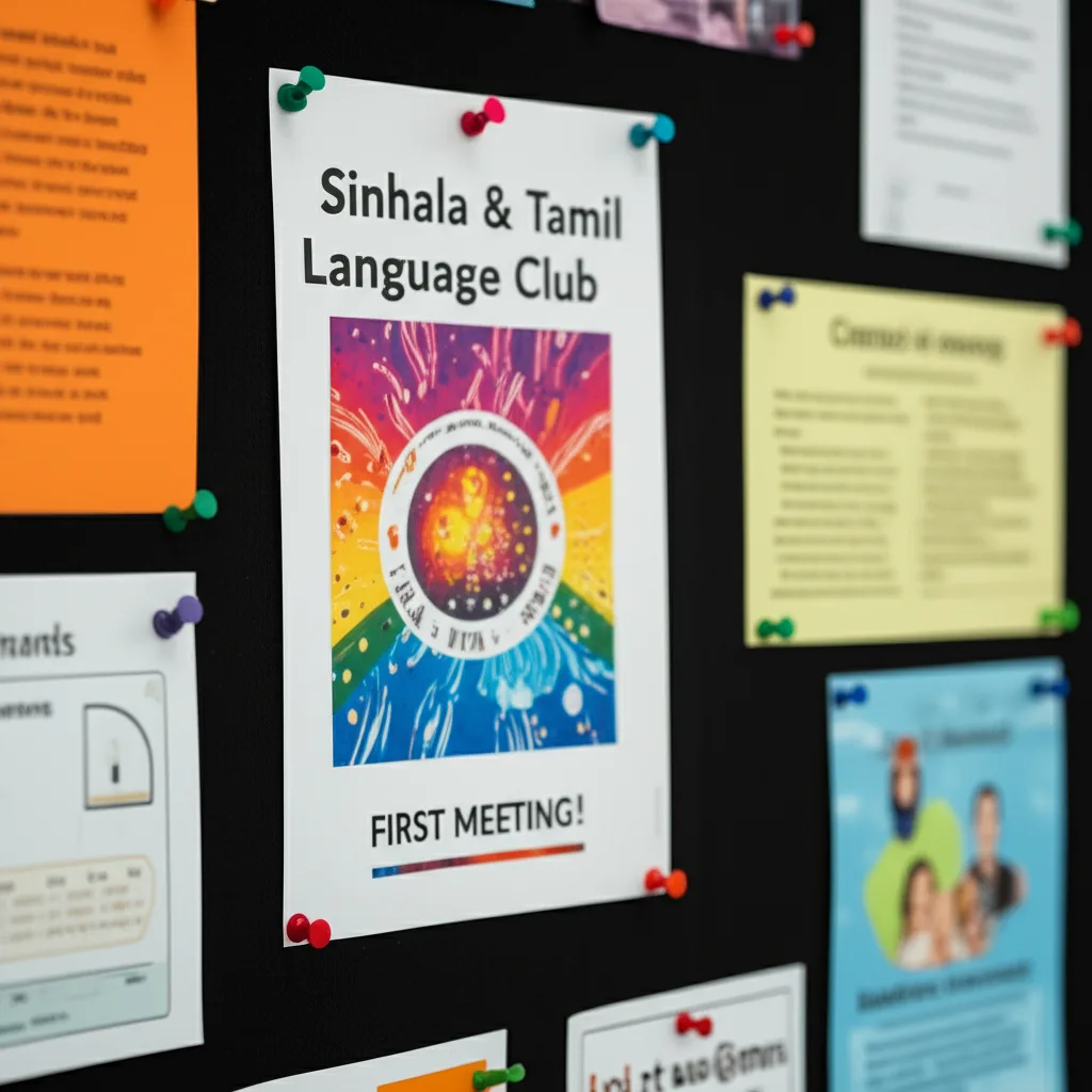 A flyer for a Sinhala and Tamil language club on a school bulletin board.