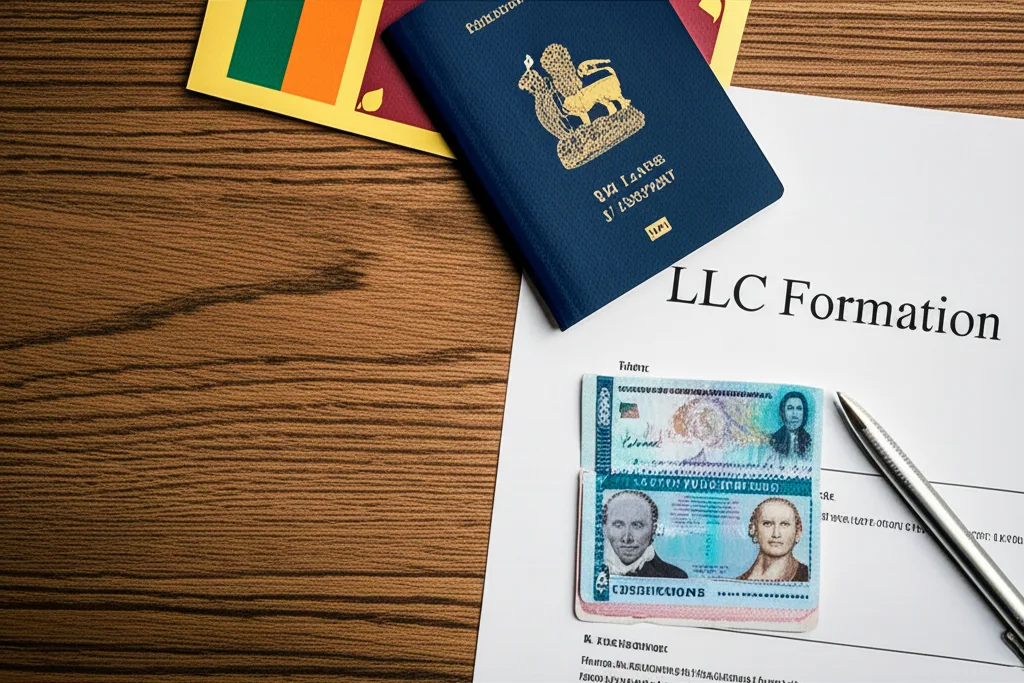 Legal documents including a US visa and LLC formation papers required for a Sri Lankan to start a business.
