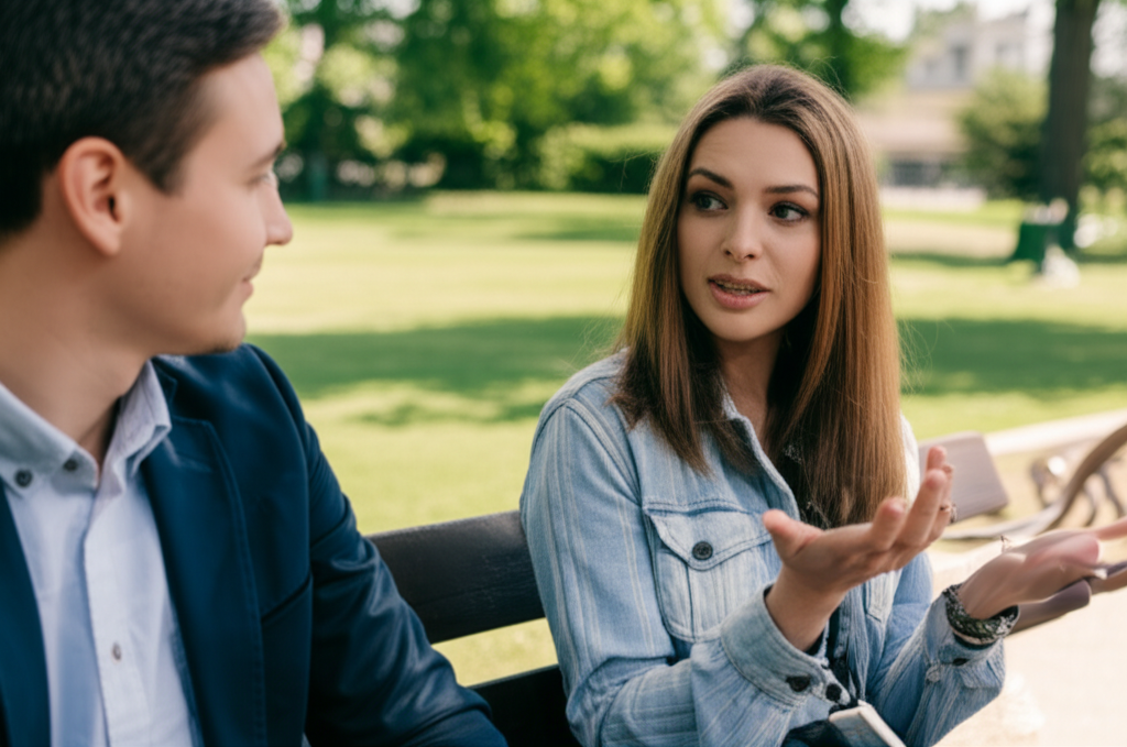 A couple communicating openly and respectfully, a key aspect of healthy American relationships.