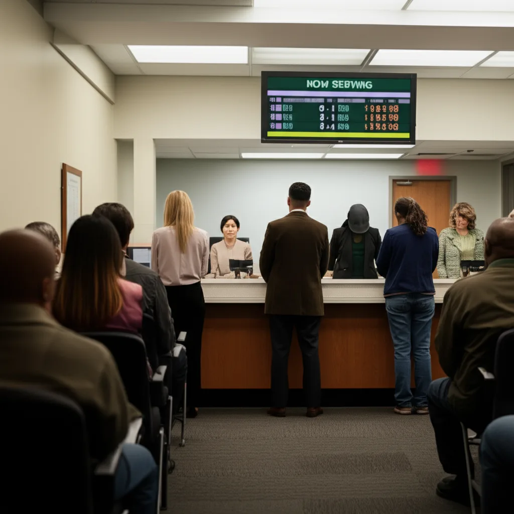 A diverse group of individuals at a US DMV office waiting to apply for a driver's license.