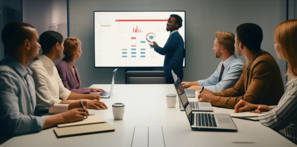 A professional team actively participating in a structured business meeting.