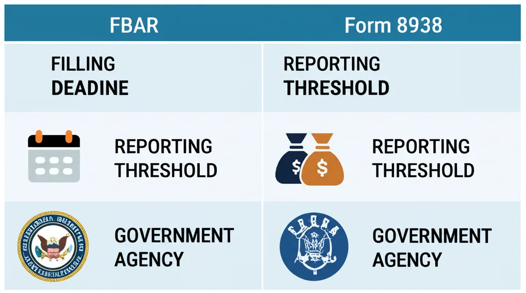 Comparison chart showing the differences between FBAR and IRS Form 8938 reporting requirements.