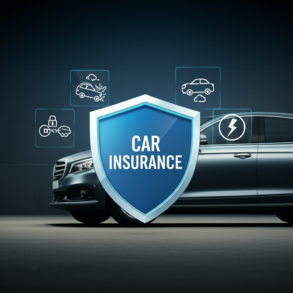 A graphic illustrating the concept of car insurance protecting a vehicle from various risks.