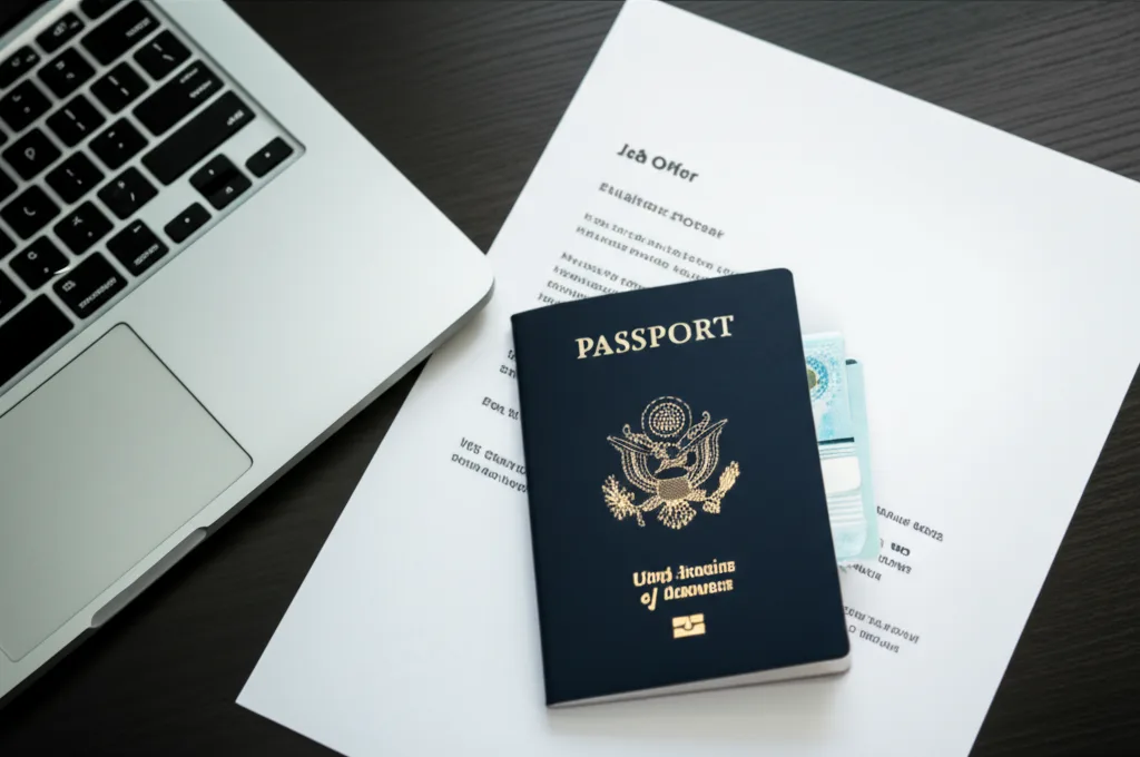 A US H-1B work visa in a Sri Lankan passport, symbolizing the legal path to a tech job.