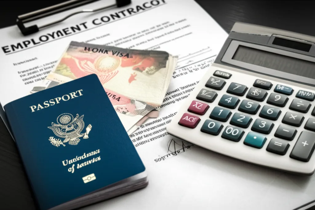 A work visa and employment contract, symbolizing the legal side of salary negotiation.