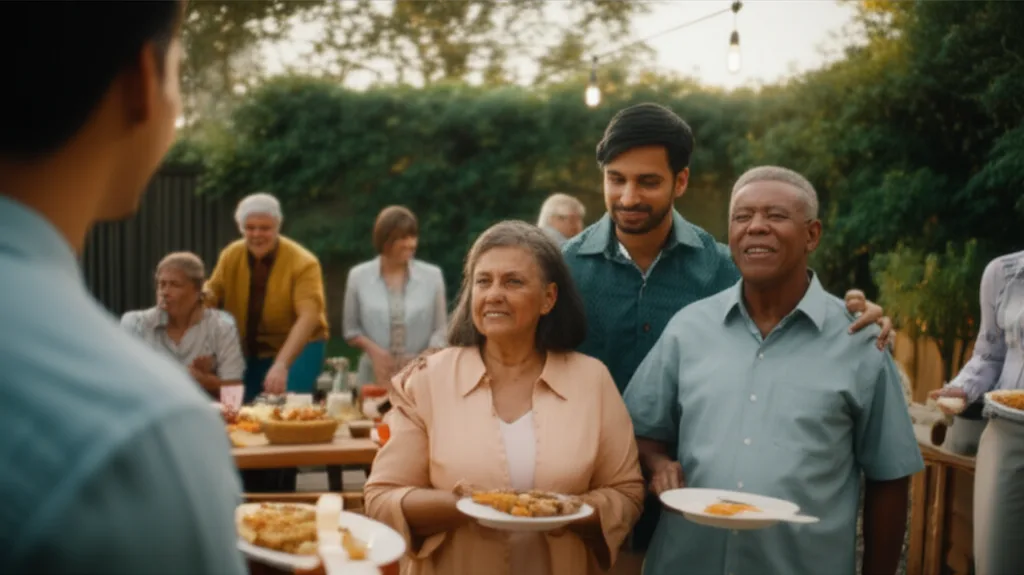 A young person introducing their partner to their diverse family at a gathering.