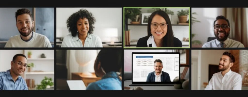 Professionals participating in a virtual meeting via video call.