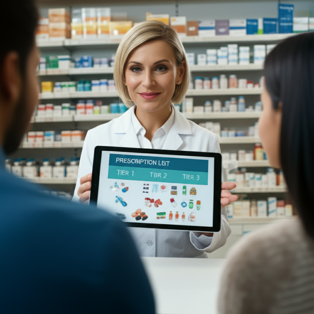 A pharmacist shows a patient a prescription drug coverage list.