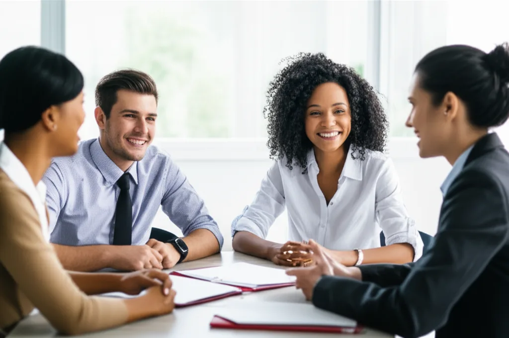 Parents discussing language program opportunities with a school principal.