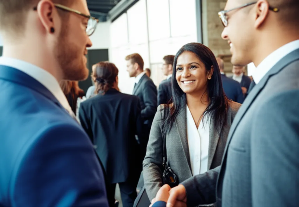 Sri Lankan business owner making connections at a US industry event.