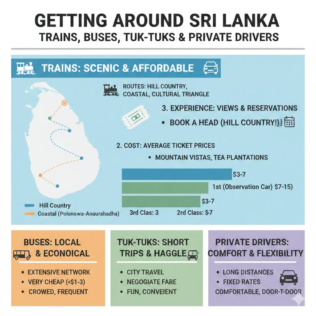 Infographic: Getting Around Sri Lanka: Trains, Buses, Tuk-Tuks & Private Drivers — key facts and figures at a glance